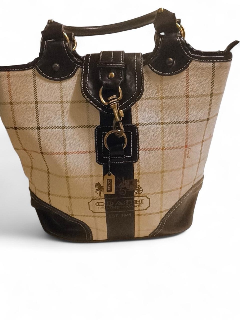 Coach Cream Plaid Tote with Brown Leather Trim and Gold Hardware